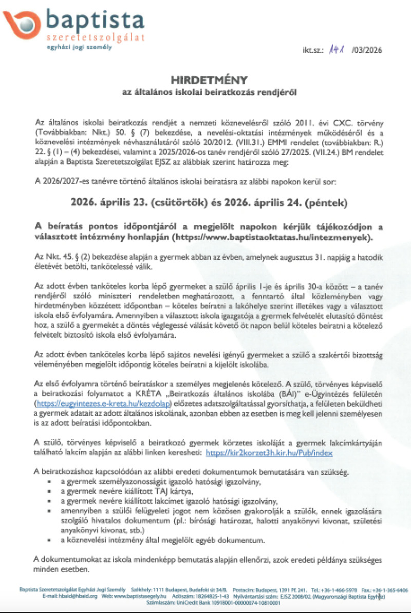 Általános iskolai beiratkozás 2026