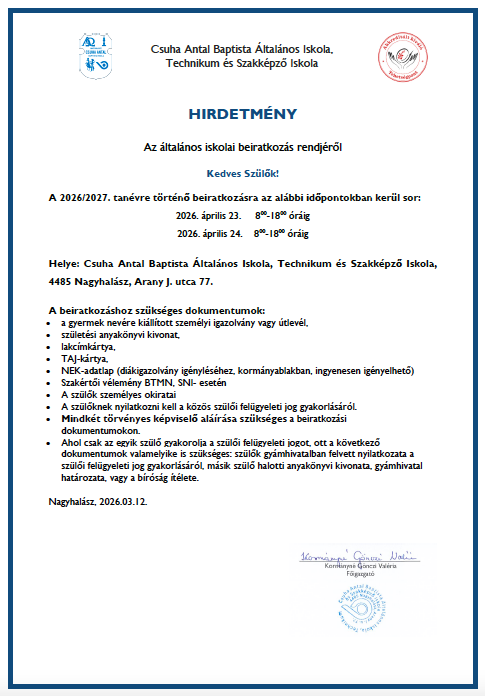 Hirdetmény általános iskolai beiratkozásról