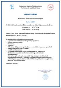 Hirdetmény általános iskolai beiratkozásról